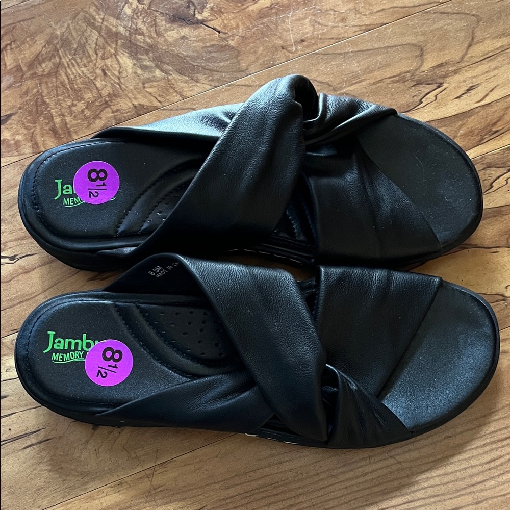 Jambu NEW Black Size 8-1/2 Leather Memory Foam Comfy Crisscross Slides Sandals